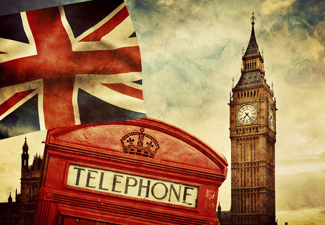 Symbols of London, England, the UK. Red phone booth, Big Ben, th